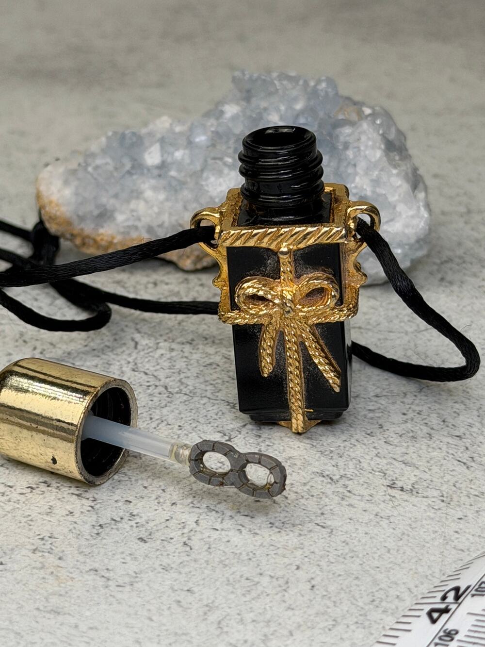 Fun Vintage black glass bubble pendant necklace gold bow vial gothic